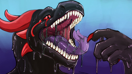 anthro black_body bodily_fluids claws fangs finger_claws forked_tongue gesture glistening glistening_eyes hand_gesture horn male mouth_shot narrowed_eyes open_mouth pointing pointing_at_self purple_tongue red_claws red_eyes red_horn red_sclera saliva saliva_on_tongue saliva_string sharp_teeth solo teeth throat tongue tongue_out unsigned acidic mythology devourer_(razor_koopa) dragon goo_creature goo_dragon mythological_creature mythological_scalie scalie 16:9 widescreen