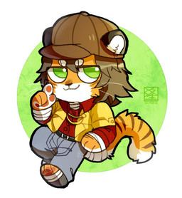 anthro bottomwear brown_body brown_bottomwear brown_clothing brown_fur brown_hair brown_hat brown_headwear brown_pants brown_stripes chibi closed_smile clothed clothing countershading front_view fur glistening glistening_hair green_eyes hair hat headgear headwear logo male markings mouth_closed orange_body orange_fur pants pawpads red_clothing red_topwear simple_background smile solo striped_markings striped_tail stripes tail tail_markings topwear white_body white_fur yellow_clothing yellow_topwear asnnonaka felid mammal pantherine tiger 2017 artist_logo dated full-length_portrait portrait