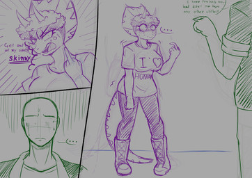 angry anthro big_breasts bodily_fluids boots bottomwear breasts clothed clothed_anthro clothed_female clothed_human clothed_male clothing duo ellipsis embarrassed facial_horn fantasy_slur female fingers footwear frill_(anatomy) gesture hair hand_gesture heart_symbol horn humanoid_hands jacket long_tail male male/female markings middle_finger non-mammal_breasts open_clothing open_jacket open_topwear pants secretly_loves_it shirt shoes short_hair speciesism standing striped_markings stripes surprised sweat sweatdrop tail text topwear wide_eyed yelling yelling_at_another nasu_no_itame98 cavemanon_studios goodbye_volcano_high ko_op_(game_developer) snoot_game anon_(snoot_game) trish_(gvh) ceratopsian ceratopsid chasmosaurine dinosaur human mammal marginocephalian ornithischian prehistoric_species reptile scalie triceratops absurd_res comic english_text hi_res restricted_palette