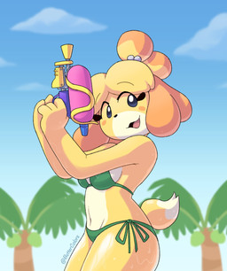 anthro bikini blonde_hair blue_eyes blush breasts clothing cloud eyelashes female fur green_bikini green_clothing green_swimwear hair medium_breasts navel open_mouth open_smile palm_tree plant ponytail sky smile solo standing swimwear tail three-quarter_view toy toy_gun tree two-piece_swimsuit water water_gun wet yellow_body yellow_fur buttercolors animal_crossing nintendo isabelle_(animal_crossing) canid canine canis domestic_dog mammal shih_tzu toy_dog 2026 digital_drawing_(artwork) digital_media_(artwork) hi_res