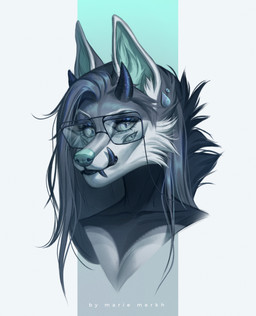 4_eyes anthro blue_body blue_eyes blue_fur blue_horn blue_inner_ear_fluff blue_sclera ear_piercing female fur grey_body grey_fur hair horn inner_ear_fluff long_hair looking_at_viewer mouth_closed multi_eye piercing short_horn small_horn solo tuft white_body white_fur marie_merkh canid mammal hi_res
