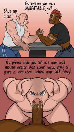 annoyed anthro arm_wrestling balls biceps big_penis black_sclera bottomwear brown_body brown_scales clenched_teeth clothing crop_top denim denim_bottomwear denim_clothing dialogue dominant dominant_gynomorph dominant_humanoid dominant_intersex ear_piercing ear_ring erection eyes_closed fellatio floppy_ears genitals gynomorph gynomorph/male half-closed_eyes head_quills huge_penis humanoid_genitalia humanoid_penis humanoid_pointy_ears intersex intersex/male jeans male male_penetrated muscle_tone musclegut muscular muscular_anthro muscular_gynomorph muscular_intersex muscular_male narrowed_eyes nude oral oral_penetration pants pecs penetration penile penis piercing pink_body pink_skin pointy_ears profanity ring_piercing scales sex shirt smile smirk smug smug_face smug_grin submissive submissive_anthro submissive_male sweatpants tank_top teeth text topwear vein veiny_penis kostos_art instant_loss_2koma granta_(kostos_art) karsz_(registeredjusttolurk3) alien domestic_pig humanoid mammal scalie suborg suid suine sus_(pig) 9:16 comic english_text hi_res
