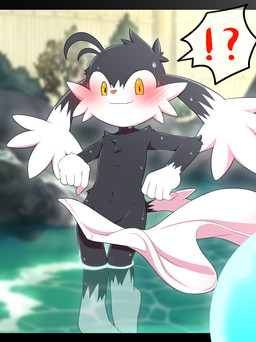 anthro black_body black_fur blush chest_tuft clothing fur hot_spring interrobang long_ears male nude shocked solo towel tuft wardrobe_malfunction water white_body white_fur yellow_eyes young young_anthro young_male ahirulion bandai_namco klonoa_(series) klonoa domestic_cat felid feline felis lagomorph mammal hi_res