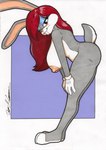 anthro big_breasts breasts butt crossgender female hanging_breasts huge_breasts looking_at_viewer mtf_crossgender simple_background solo teeth thick_thighs rotten_owl looney_tunes warner_brothers bugs_bunny lagomorph leporid mammal rabbit absurd_res hi_res traditional_media_(artwork)