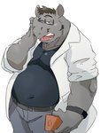 anthro belly bottomwear clothed clothing electronics eyewear facial_hair glasses grey_body horn humanoid_hands kemono male open_clothing open_shirt open_topwear overweight overweight_anthro overweight_male pants phone shirt simple_background solo topwear white_background train_(artist) mammal rhinoceros 2020 3:4