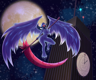 anthro blue_body breasts building claws clock clock_tower detailed_background featureless_crotch female flying fur horn light melee_weapon moon moonlight night no_pupils polearm red_eyes scythe solo starscape text weapon white_body white_fur wings losba_evoli nintendo pokemon generation_6_pokemon mega_absol mega_evolution pokemon_(species) 6:5 absurd_res hi_res japanese_text
