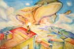 ambiguous_gender anthro building clothed clothed_anthro clothing cloud feral group house outside sitting sunrise trisha cetacean felid mammal marine painting_(artwork) traditional_media_(artwork) watercolor_(artwork)