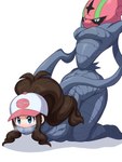 ambiguous_gender blue_eyes bound breasts brown_hair clothing duo female grey_body hair hat headgear headwear kneeling light_body light_skin mouth_covered pink_head ponytail restrained restrained_arms restrained_legs restraints simple_background steam white_background white_clothing white_hat white_headwear okra_sticky nintendo pokemon hilda_(pokemon) accelgor generation_5_pokemon human mammal pokemon_(species) 3:4 absurd_res digital_media_(artwork) hi_res