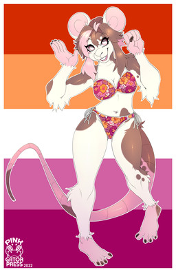 4_toes 5_fingers anthro barefoot bikini biped border breasts brown_body brown_fur brown_hair buckteeth cleavage clothed clothing eyelashes feet female fingers floral_print fur hair lesbian_pride_colors lgbt_pride logo looking_at_viewer multicolored_bikini multicolored_clothing multicolored_hair multicolored_swimwear navel orange_lesbian_pride_colors pattern_background pattern_bikini pattern_clothing pattern_swimwear pink_eyes pink_hair pride_color_background pride_color_bikini pride_color_clothing pride_color_swimwear pride_colors side-tie_bikini side-tie_clothing side-tie_swimwear simple_background solo standing string_bikini swimwear tan_body tan_fur teeth text toes two-piece_swimsuit two_tone_hair white_border seamen mammal mouse murid murine rodent 2022 artist_logo artist_name dated digital_media_(artwork) full-length_portrait hi_res portrait