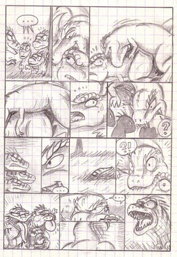ambiguous_gender bite bodily_fluids cross-popping_vein ellipsis female from_behind_position group interrobang male male/female motion_lines question_mark sex silly_face sweat sweatdrop vein wide_eyed chibibass dinosaur dromaeosaurid prehistoric_species reptile scalie theropod tyrannosaurid tyrannosauroid tyrannosaurus tyrannosaurus_rex velociraptor 2009 comic monochrome