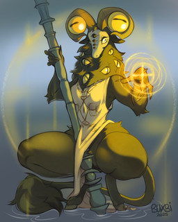 anthro breasts brown_body brown_fur convenient_censorship crouching female fur holding_object holding_staff horizontal_pupils horn magic_user multi_eye pupils solo staff tail thick_thighs wide_hips buxbi elden_ring elden_ring_nightreign fromsoftware libra_creature_of_night bovid caprine goat mammal monster 2025 hi_res