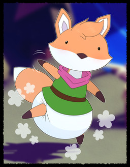 ambiguous_gender anthro big_diaper black_border blurred_background blush blush_lines border brown_body brown_fur brown_nose clean_diaper clothed clothing cloud_emanata diaper diaper_puff dipstick_tail emanata featureless_feet featureless_hands feet front_view fur gesture gloves_(marking) green_clothing green_shirt green_topwear green_tunic huge_diaper kerchief leg_markings markings mouthless multicolored_body multicolored_fur neckerchief neckwear on_one_leg orange_body orange_fur orange_tail pink_kerchief pink_neckerchief screencap screencap_background shirt socks_(marking) solo standing tail tail_markings topwear tunic two_tone_tail waving wearing_diaper white_body white_diaper white_fur white_inner_ear white_tail_tip tenerius tunic_(video_game) ruin_seeker canid canine fox mammal 2026 absurd_res full-length_portrait hi_res portrait