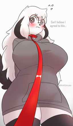anthro bdsm big_breasts biped blush breasts clothed clothing collar dialogue eyewear female female_anthro glasses grey_clothing grey_eyes hair leash leashed_collar leashing_viewer legwear low-angle_view petplay roleplay simple_background solo standing text thigh_highs white_body white_hair bluef1shcake canid canine canis domestic_dog mammal english_text hi_res