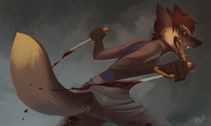 anthro blood bodily_fluids brown_body brown_eyes brown_fur brown_hair fangs female fluffy fluffy_tail fur grey_background hair knife looking_at_viewer open_mouth simple_background solo tail tan_body tan_fur teeth tongue neeedle canid canine fox mammal 2013 character_request
