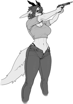 5_fingers anthro biped bottomwear breasts clothed clothed_anthro clothed_female clothing female fingers front_view fully_clothed fully_clothed_anthro fully_clothed_female fur gun hair holding_gun holding_object holding_ranged_weapon holding_weapon horn navel panties pants ranged_weapon shirt soft_abs solo standing tail thong_straps topwear underwear ventral_groove weapon wolfcut pgm300 mythology chabett dragon mythological_creature mythological_scalie scalie 2025 digital_drawing_(artwork) digital_media_(artwork) hi_res monochrome sketch