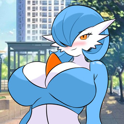 big_breasts blue_eyes blue_hair blush breasts cleavage clothed clothing female hair huge_breasts looking_at_viewer not_furry orange_eyes pokemorph smile solo evaacii nintendo pokemon gardevoir generation_3_pokemon humanoid pokemon_(species) shiny_pokemon 1:1 2025 digital_media_(artwork) hi_res