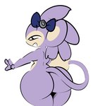 1-upclock accessory aipom annie_(1-upclock) anthro big_butt big_ears bow_(feature) bow_ribbon butt female generation_2_pokemon hair_accessory hair_bow hair_ribbon hi_res nintendo nude pokemon pokemon_(species) presenting presenting_hindquarters purple_body ribbons smile smiling_at_viewer solo tail thick_thighs wide_hips