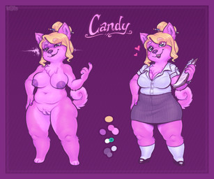 anthro big_breasts blonde_hair border bottomwear breasts clothing female footwear fur genitals hair hair_bun holding_object looking_up navel nipples nude office_clothing pink_body pink_fur purple_border shirt shoes shortstack skirt slightly_chubby slightly_chubby_anthro slightly_chubby_female smile socks solo tail text thick_thighs topwear vulva wide_hips keffotin candy_(screwmesillystring) canid canine canis domestic_dog mammal shiba_inu spitz 2021 digital_media_(artwork) english_text model_sheet