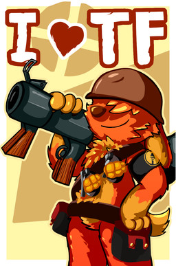 anthro armor explosives fur grenade headgear heart_symbol helmet humor orange_body orange_fur pun red_body red_fur solo text weapon ohfourmouse team_fortress_2 valve valve_corporation soldier_(team_fortress_2) lagomorph leporid mammal rabbit english_text hi_res