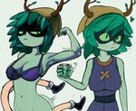 absurd_res adventure_time antlers beverage bottomwear bra breasts cartoon_network clothed clothing container cup digital_media_(artwork) elemental_creature elemental_humanoid female flora_fauna green_body green_eyes green_skin hair hi_res holding_container holding_cup holding_object horn humanoid huntress_wizard leaf leaf_hair looking_at_viewer male male/female meme not_furry plant plant_hair plant_humanoid pose postalk pseudo_hair sex simple_background standing tail topwear underwear