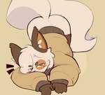 anthro ass_up biped bottomless brown_body brown_fur clothed clothing eyebrows fingers fur inner_ear_fluff looking_at_viewer male mouth_closed multicolored_body multicolored_fur orange_eyes simple_background solo tail topwear tuft white_body white_fur white_tail yellow_background divucup divu_(divucup) domestic_cat felid feline felis mammal hi_res