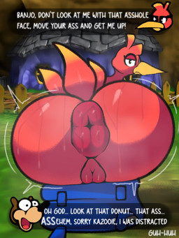 anthro anus backpack beak big_butt black_eyes black_nose bodily_fluids brown_body brown_ears brown_fur butt duo exclamation_point feathers female fence first_person_view fur gameplay_mechanics genitals grass hair half-closed_eyes in_backpack looking_at_another looking_back male male/female multicolored_body multicolored_fur multicolored_hair narrowed_eyes nude orange_beak orange_feather_hair orange_hair orange_tail orange_tail_feathers outside pie_cut_eyes plant profanity puffy_anus rear_view red_body red_feather_hair red_feathers red_tail red_tail_feathers surprise surprised_expression sweat tail text text_box thick_thighs tongue two_tone_body two_tone_feather_hair two_tone_fur two_tone_hair two_tone_tail two_tone_tail_feathers vulva alexdraws banjo-kazooie rareware banjo_(banjo-kazooie) kazooie avian bear bird breegull mammal 2025 3:4 digital_media_(artwork) english_text