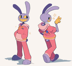 anthro barefoot bottomwear clothing feet gloves grin hands_in_hoodie handwear hoodie looking_back male pants pink_bottomwear pink_clothing pink_hoodie pink_pants pink_topwear purple_body simple_background smile solo sparkles star tail teeth topwear white_background yellow_clothing yellow_gloves yellow_handwear yellow_sclera yellow_teeth wolfaroonii glitch_productions the_amazing_digital_circus jax_(tadc) lagomorph leporid mammal rabbit 2025 absurd_res hi_res