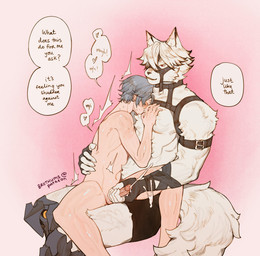 5_fingers anthro arm_strap arm_tuft armband black_boxer_briefs black_clothing black_harness black_nose black_straps black_underwear blush blush_lines bodily_fluids boxer_briefs cheek_tuft clothing cum cumshot cybernetic_leg cybernetic_limb dialogue duo ejaculation eyes_closed face_on_chest facial_tuft fingers fur genital_fluids genitals glans glistening glistening_body glistening_genitalia glistening_glans glistening_penis glistening_skin grey_hair hair halter handjob harness human_on_anthro humanoid_genitalia humanoid_penis interspecies larger_anthro male male/male muscular muscular_anthro muscular_male navel nude_human nude_male on_lap penile penis pink_background red_eyes sex shoulder_tuft simple_background sitting sitting_on_lap size_difference slim_human slim_male smaller_human smile speech_bubble tail text tuft underwear white_body white_fur white_hair wraps wrist_wraps brothums mihoyo zenless_zone_zero von_lycaon wise_(zenless_zone_zero) canid canine canis human mammal thiren wolf 2026 absurd_res artist_name digital_drawing_(artwork) digital_media_(artwork) english_text hi_res