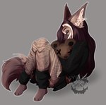 anthro black_nose bottomwear brown_hair clothed clothing ears_up eyes_closed female fishnet_clothing fishnet_legwear fluffy fluffy_tail fur hair holding_object hoodie hug hugging_object hugging_plushie inner_ear_fluff legwear long_hair long_sleeves plushie simple_background sitting skirt solo tail tan_body tan_fur teddy_bear topwear tuft coconut_(artist) shenzi_(coconut) hyena mammal 2023 digital_media_(artwork) hi_res signature