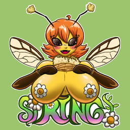antennae_(anatomy) anthro big_breasts black_eyes blush blush_lines breasts clothing empty_eyes fangs female flashing flashing_breasts front_view green_background hair insect_wings looking_at_viewer open_mouth open_smile orange_hair pasties short_hair simple_background smile solo tan_clothing tan_sweater tan_topwear teeth text topwear wings kaisorain arthropod bee hymenopteran insect 1:1 absurd_res hi_res