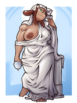 areola barefoot big_breasts breasts brown_areola brown_nipples clothing container cup curly_hair feet female green_eyes hair half_naked horn muscular muscular_female nipples simple_background solo toga daclusia animal_humanoid bovid bovid_humanoid bovine bovine_humanoid humanoid mammal mammal_humanoid 3:4 hi_res signature