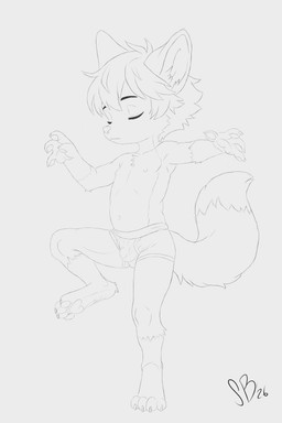 4_fingers 4_toes anthro bottomwear boxers_(clothing) bulge claws clothing concentration dancing eyes_closed feet fingers fluffy fluffy_tail male nipples one_leg_up pawpads paws raised_leg shorts solo tail tiptoes toes underwear young young_anthro young_male smol_boye canid canine fox mammal 2:3 absurd_res hi_res monochrome