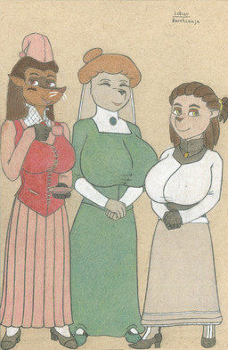 anthro big_breasts breasts brown_body brown_fur brown_hair clothed clothed_anthro clothed_female clothing container cup eyes_closed female footwear fur gloves green_clothing grey_body grey_clothing grey_fur group hair handwear headgear headwear holding_container holding_cup holding_object holding_saucer huge_breasts long_hair open_mouth open_smile pink_clothing red_eyes shoes simple_background smile smiling_at_viewer trio whiskers white_clothing yellow_eyes lobar irja ka_sarra mamma_k_(lobar) gjonk lagomorph leporid mammal porcupine rabbit rodent absurd_res colored_pencil_(artwork) colored_sketch hi_res sketch traditional_media_(artwork)