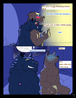 anthro bed blush claws clothed clothing dialogue duo ears_down eyes_closed fur furniture glowing glowing_eyes head_on_shoulder hug hugging_another hugging_from_behind light male male/male moon moonlight muscular night nipples partially_clothed pillow pivoted_ears sitting smile tailless teeth text tired uncomfortable underwear window sybervenn league_of_legends riot_games tencent nasus_(lol) warwick_(lol) canid canine canis jackal mammal wolf comic english_text hi_res source_request