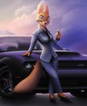 4_fingers anthro car clothed clothing diamond_(gem) eyewear female fingers footwear gem glasses green_eyes ring solo vehicle askalin dodge_(brand) dodge_challenger dreamworks the_bad_guys diane_foxington canid canine fox mammal hi_res