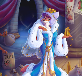 4_fingers anthro bag castle clothed clothed_anthro clothed_female clothing coin crown female fingers fur headdress headgear headwear multicolored_body multicolored_fur red_body red_fur robe royalty sign solo two_tone_body two_tone_fur white_body white_fur gomerz22 disney robin_hood_(disney) maid_marian canid canine fox mammal red_fox true_fox