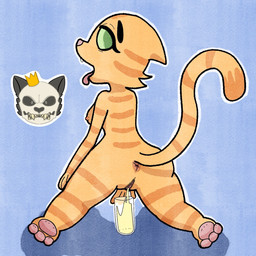 4_fingers anthro anus areola big_breasts big_butt big_eyes big_iris biped black_eyebrows black_outline blue_background bodily_fluids breasts butt cheek_tuft container cup curved_tail ears_down erect_nipples eyebrows eyelashes facial_markings facial_tuft fangs feet female fingers fur fur_tuft genital_fluids genitals glass glass_container glass_cup green_eyes green_sclera head_markings head_turned huge_hips humanoid_genitalia humanoid_hands humanoid_vulva iris kneeling light_areola light_body light_fur light_nipples long_eyelashes looking_at_viewer looking_back looking_back_at_viewer looking_pleasured markings mature_anthro mature_female nipples no_pupils nude nude_anthro nude_female open_mouth orange_body orange_breasts orange_ears orange_fur orange_markings orange_stripes orange_tail outer_highlight outline pawpads peeing pink_anus pink_areola pink_nipples pink_nose pink_pawpads pink_tongue pink_vulva pivoted_ears plantigrade plantigrade_pawpads rear_view simple_background simulated_traditional_(artwork) snout solo striped_arms striped_back striped_body striped_face striped_fur striped_legs striped_markings striped_tail stripes tail tail_markings teeth thick_eyebrows thick_thighs tongue tongue_out tuft urine urine_in_cup urine_in_glass vulva watersports white_outline wide_hipped_anthro wide_hipped_female wide_hips kingkuraselache litterbox_comics fran_(litterbox_comics) domestic_cat felid feline felis mammal tabby_cat 1:1 2026 digital_media_(artwork) digital_painting_(artwork) digital_watercolor_(artwork) hi_res painting_(artwork) watercolor_(artwork)