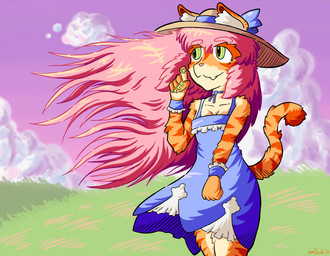anthro bow_ribbon clothed clothing cloud colored_nails dress female fur grass green_eyes hair hat headgear headwear inner_ear_fluff long_hair nails orange_body orange_fur outside pink_hair plant sky smile solo standing stripes sun_hat tail tuft wind miniscule_(minisculeiscool) domestic_cat felid feline felis mammal digital_media_(artwork)