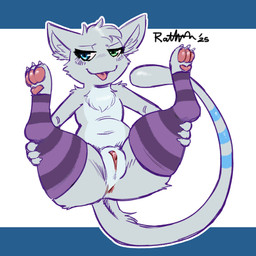 3_claws 3_toes anthro anus blue_eyes blue_markings blue_stripes blue_tail blush blush_lines claws clothed clothed_anthro clothed_female clothing eyelashes featureless_chest feet female female_anthro finger_claws footwear footwear_only front_view fur genitals green_eyes hair heterochromia inner_ear_fluff legs_up legwear looking_at_viewer markings mostly_nude mostly_nude_anthro mostly_nude_female multicolored_tail open_mouth pattern_clothing pattern_footwear pattern_legwear pattern_socks pawpads pink_pawpads pink_vulva presenting purple_clothing purple_footwear purple_socks purple_stripes red_tongue semi-anthro simple_background smile smiling_at_viewer socks socks_only solo spread_legs spreading striped_body striped_clothing striped_footwear striped_fur striped_markings striped_socks striped_tail stripes tail tail_markings toe_claws toes tongue tuft two_tone_tail vulva white_body white_claws white_ears white_fur white_hair white_inner_ear white_inner_ear_fluff white_tail rathmutatio nintendo pokemon fan_character yuki_(side_b) felid feline generation_1_pokemon legendary_pokemon mammal mew_(pokemon) pokemon_(species) 1:1 2025 dated digital_media_(artwork) hi_res signature