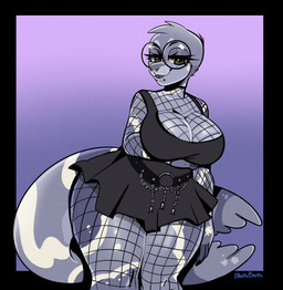 alternative_fashion anthro breasts cleavage clothed clothing curvy_figure eyewear facial_piercing female fin fishnet_clothing fishnet_legwear fishnet_topwear fur glasses goth grey_body grey_fur legwear lip_piercing nose_piercing nose_ring piercing ring_piercing smile snakebite_piercing solo stud_piercing tail tail_fin thick_thighs topwear voluptuous white_body white_fur wide_hips sparkibarki aquatic mammal pinniped seal hi_res