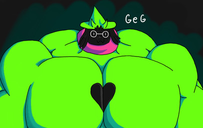 big_muscles black_body black_fur clothed clothing eyewear fur green_clothing green_hat green_headwear hair hat headgear headwear huge_muscles hyper hyper_muscles male muscular muscular_male pecs red_scarf scarf solo geg_(artist) deltarune undertale_(series) ralsei bovid caprine darkner goat mammal cel_shading shaded