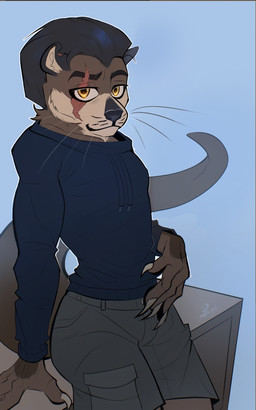 4_fingers anthro barazoku bottomwear cheeked_up clothing facial_hair fingers male muscular muscular_male scar shorts solo sweater topwear whiskers sdannii lem(lemonsv2) mammal mustelid otter sea_otter absurd_res hi_res huge_filesize