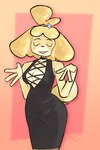 anthro black_clothing black_dress breasts cleavage clothed clothing dress eyes_closed female front_view solo standing bbravaa animal_crossing nintendo isabelle_(animal_crossing) canid canine canis domestic_dog mammal shih_tzu toy_dog 2021 hi_res portrait three-quarter_portrait