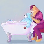 anthro bath bathing bathing_another bathtub biped black_nose blood blush bodily_fluids bottomwear bubble bubble_bath claw_foot_bathtub clothing duo eyes_closed hat headgear headwear pants scar shirt sitting topwear abbytabbys unicorn_wars azulin_(unicorn_wars) cabo_pompon_(unicorn_wars) bear mammal 1:1 2023 hi_res