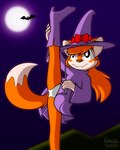 anthro biped clothing exposed_underwear female female_anthro hair hat headgear headwear holding_own_leg holding_wand holidays looking_away moon night orange_hair pose raised_leg solo text witch_costume witch_hat krezz_karavan halloween school_days edna_(school_days) bat canid canine fox mammal 2020 artist_name cel_shading dated digital_drawing_(artwork) digital_media_(artwork) shaded