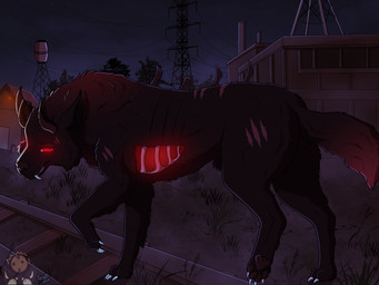 animal_genitalia feral genitals glowing glowing_eyes growling industrial industrial_background looking_at_viewer looking_back male male_feral outside power_lines quadruped railway_track red_eyes sheath showing_teeth side_view solo water_tower parooty mythology ribb canid canid_demon canine demon hellhound mammal mythological_canine mythological_creature 4:3 hi_res