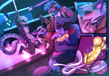alcohol anal anal_knotting anal_penetration animal_genitalia anthro ball_fondling balls beverage bodily_fluids bottle bottomless bottomless_anthro bottomless_male bottomwear bottomwear_down clothed clothing container cum cum_from_mouth cum_in_mouth cum_inside cumshot drinking drunk drunk_sex ejaculation erection feet fellatio fondling fur furniture genital_fluids genitals group hair hand_on_balls holding_bottle holding_container holding_leg holding_object humanoid_genitalia humanoid_penis internal internal_anal jacket kneeling knot knotted_penis knotting legwear looking_pleasured male male/male male_penetrated male_penetrating narrowed_eyes open_clothing open_jacket open_mouth open_topwear oral oral_penetration orgasm pants pants_down partially_clothed penetration penile penile_penetration penis penis_in_ass penis_in_mouth pole sex shirt smile spitroast spread_legs spreading stage stockings stool strip_club stripper stripper_pole substance_intoxication tail tank_top toes tongue tongue_out topwear trio thatpotoo asian_mythology east_asian_mythology mythology domestic_cat dragon eastern_dragon felid feline felis mammal mythological_creature mythological_scalie procyonid raccoon scalie digital_media_(artwork) hi_res