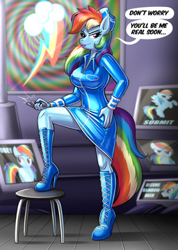 anthro blue_body boots breasts clothed clothing dialogue electronics eyelashes female footwear hair hat headgear headwear high_heeled_boots high_heels holding_object hypnotic_screen latex lipstick makeup monitor multicolored_hair rainbow_hair shoes smile solo standing tech_control text twinning redflare500 friendship_is_magic hasbro my_little_pony rainbow_dash_(mlp) equid mammal 2021 english_text hi_res