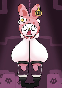 animal_print anthro bdsm big_breasts bodily_fluids bondage bound breast_milking breasts cow_print female lactating machine milking_machine simple_background solo killrabs onegai_my_melody sanrio my_melody lagomorph leporid mammal rabbit absurd_res hi_res