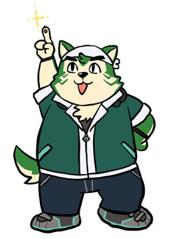 anthro black_outline eyebrows fur gesture green_body green_fur hand_gesture kerchief male outline pointing pointing_up solo thick_eyebrows thick_outline toony yukimushi6 lifewonders live_a_hero mokdai canid canine canis domestic_dog mammal absurd_res hi_res